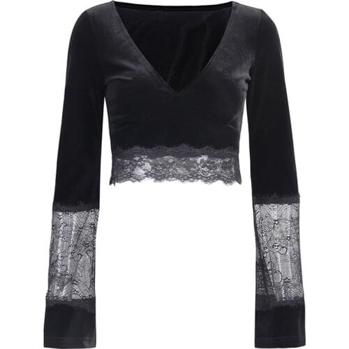 Black Women Gothic Retro Bodycon Crop Top Flare Long Sleeve Lace Hollow Out V Neck Black T shirt Femme 2020 Elegant Slim Tops