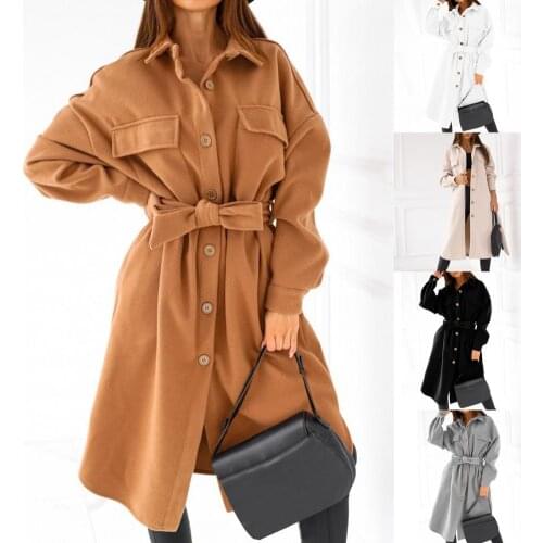 Women Oversize Coat Solid Color Single-breasted Autumn Winter Thick Lapel Belt Long Coat Overcoat for Office