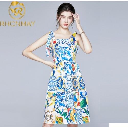 Fashion Runway Summer Dress 2021 New Womens Bow Spaghetti Strap Backless Blue and White Porcelain Floral Print Mini Dress