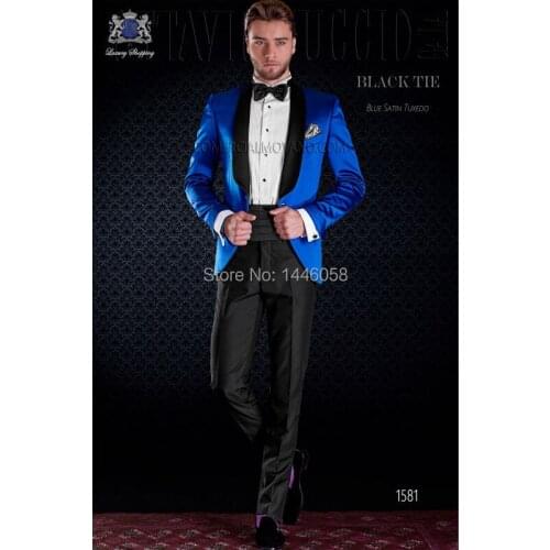 2016 Hot Design Black Lapel Slim Fit Royal Blue Tuxedo Groom Suits One Button Mens Prom/Party Tuxedos Wedding Suits For Men