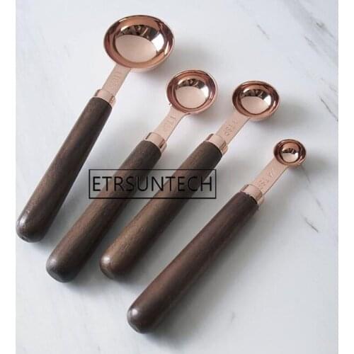 30sets Rose Gold Copper Measuring Spoons Stainless Steel with Wood Handles Tea Coffee Measure Cooking Baking BBQ Scoops