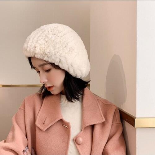Free Shipping New Knitted Rex Rabbit Genuine Fur hat Real fur Beret cap Winter with Elasticity 4 colors Wholesale Retail OEM