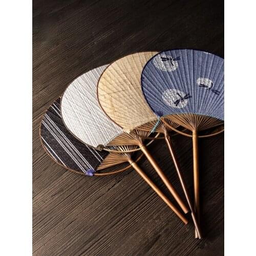 Handmade Cotton Linen Double-Sided round Fan Half-Sized Xuan Paper Summer Cloth Bamboo Handle Archaistic Circular Fan Summer
