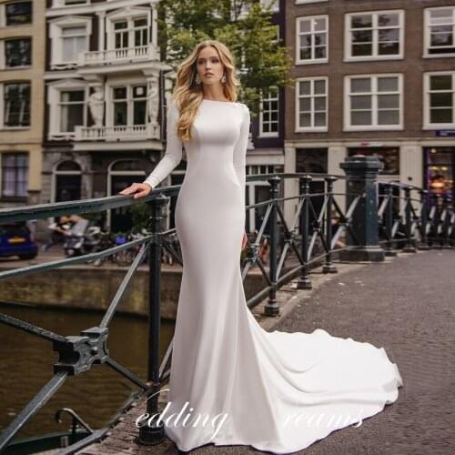 Elegant Long Sleeve Satin Wedding Dress Sexy backless Court Train Pearls Mermaid Bridal Gowns2020