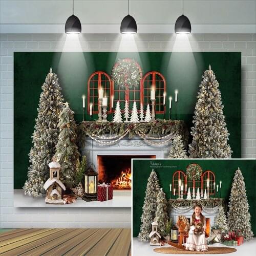 Fireplace Christmas Backdrop Kids Portrait Green Wall Wooden Window Decor Trees Photography Toys Child Baby Photostudio Props
