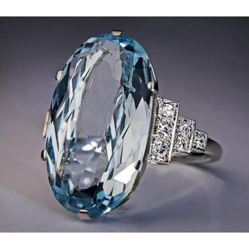 Huitan Big Oval Sky Blue Stone Women Bridal Band Rings Delicate Female Wedding Engage Party Elegant Present for Wife & Mother