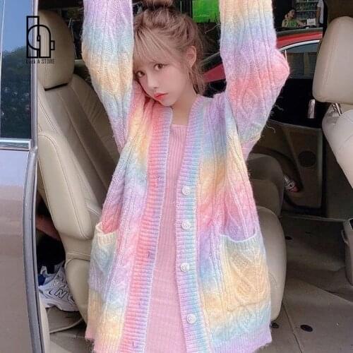 Luck A Rainbow Knitted Cardigan Cute Autumn Spring Sweet Kawaii Sweater Coat Female Long Korean Button Down Cardigan Fall Woman