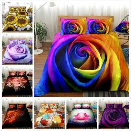 Home Textiles Bedding Set King Colorful Rose Quilt Cover Flower Bed Duvet Cover Set with Pillowcase Flowers and Plants Purple