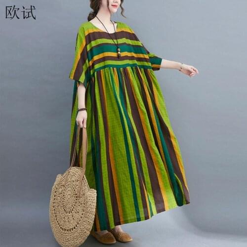 Oversized Striped Summer Beach Dress Women Ladies Dresses Long Casual Cotton Oversized Green Dress 4XL 5XL 6XL 2021 Vestidos