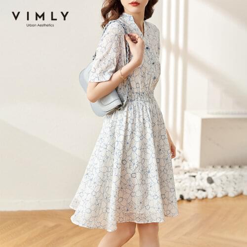 VIMLY Summer Dresses for Women 2021 V Neck Buttons Floral Dress Elegant Elastic Waist A Line Mini Dress Womens Dresses F7307