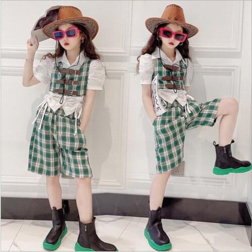 2021 Korea style girls 3 pcs set vest+blouse+shorts fashion summer girls suit 6-11t B354