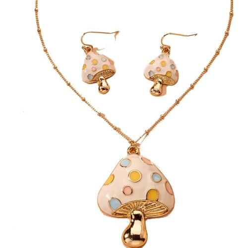 Fashion Colorful Mushroom Shape Pendent Necklace Personality Cute Alloy Earring Girl Charm Jewelry Set Gift