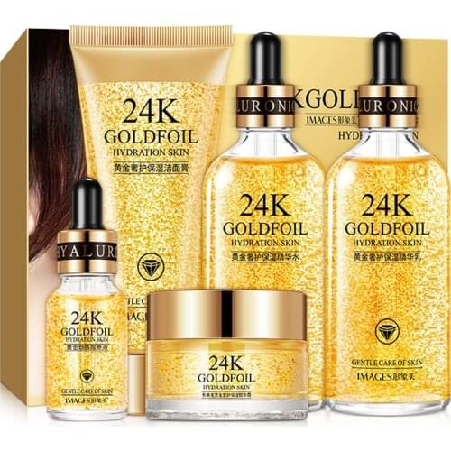 24K Gold Skin Care Set 5 PCS With Box Face Toner Essence Cream Nicotinamide Anti-Aging Serum Facial Cleanser Kit For Womens M