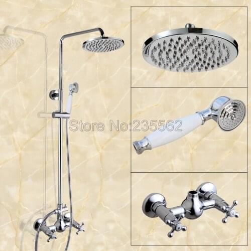 Wall Mounted Polished Chrome Brass Rainfall Bathroom Rain Shower Faucet Set Dual Handle Mixer Tap + Hand Shower Spray lcy301