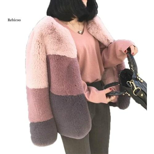 New Temperamental Vintage Fur Coat Winter Soft Imitation Rabbit Short Colored Fur Outwear Mujer Female Jacket Coat