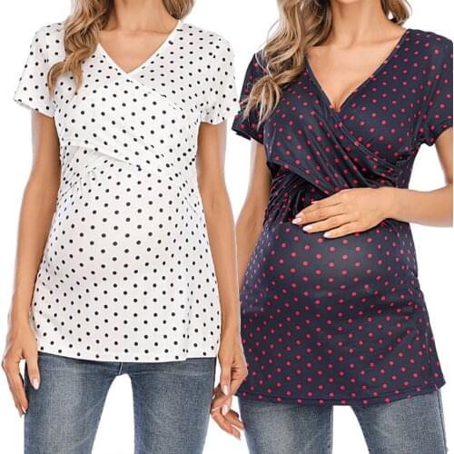 Pregnancy Clothing Women Round V-neck Short Sleeve Wave Point Maternity T-shirt Top Tee Shirt Femme Enceinte Для Беременных