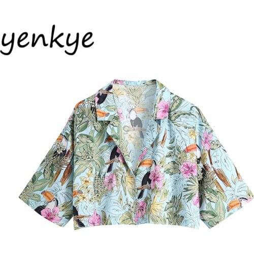 Vintage Animal Floral Print Cropped Blouse Shirt Women Lapel Collar Short Sleeve Streetwear ropa mujer Summer Plus Size Tops