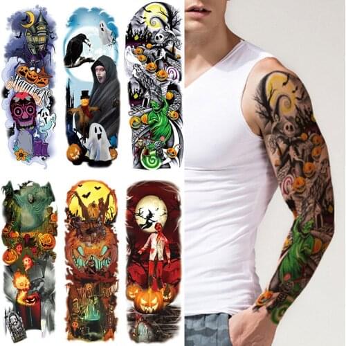 Temporary Tattoo Sticker Halloween Pumpkin Lantern Tombstone Bat Skull Full Arm Art Flash Tatoo Sleeve Fake Tatto for Men Women