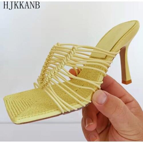 Square Open Toe High Heel Slippers Women Real Leather Narrow Band Runway Slides Comfortable Woven Insole Sexy Party Dress Shoes