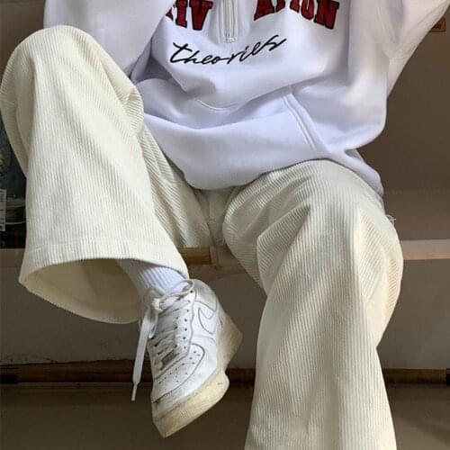 Beige Corduroy Wide Leg Pants Women Korean Style Soft Girl Pink Spring 2021 Plus Size Black Trousers For Female Oversize