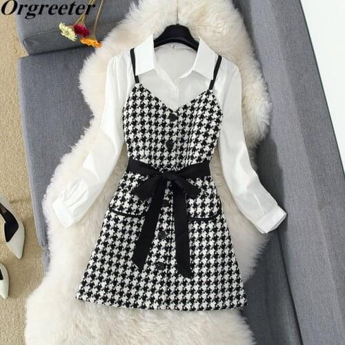 Autumn New Vintage Tweed Houndstooth Tank Dress Two Piece Set Women Puff Sleeve White Shirt + Plaid Belted Strap Dress Suits