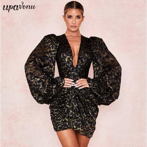 Autumn Womens Blue V-neck Long Sleeve Mini Puff Sleeve Mesh Skinny Dress Sexy Bodycon Elegant Celebrity Party Dress Vestidos