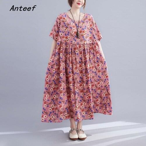 Short sleeve cotton vintage floral dresses for women casual loose long woman summer dress elegant clothes 2021