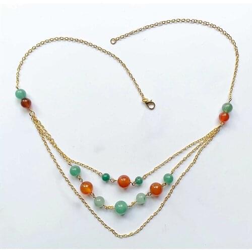 Natural Quartz Stone Necklace Boho Fashion Beaded Link Chain Long Necklaces Pendants Gold Carnelian Aventurine Stone Beads 1pc