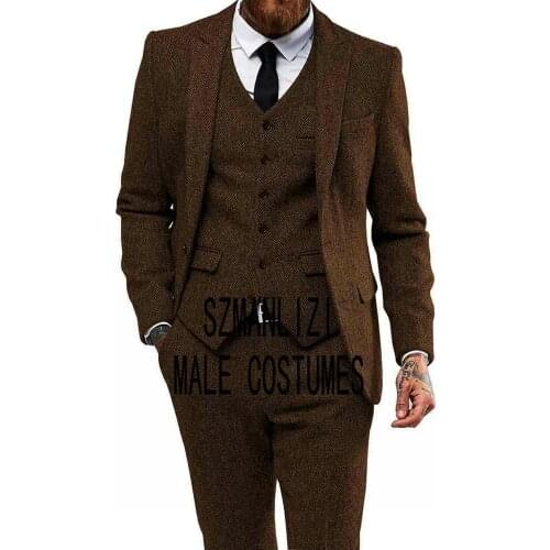 2020 New Arrival Formal Business Men Suits Brown Tweed Wool Wedding Suits For Mens Custom Made Terno Masculino Slim Fit Suit Men