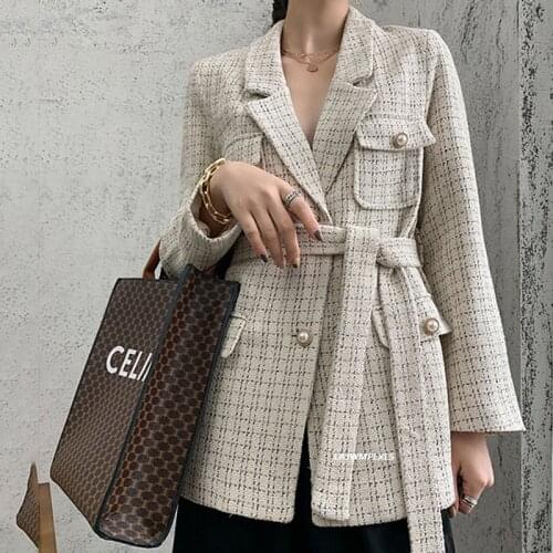 2021 Pearl Button Multi-pocket Tweed Blazers Jacket WomenSpring Suit Jackets With Belt For Woman Office Lady Clothing