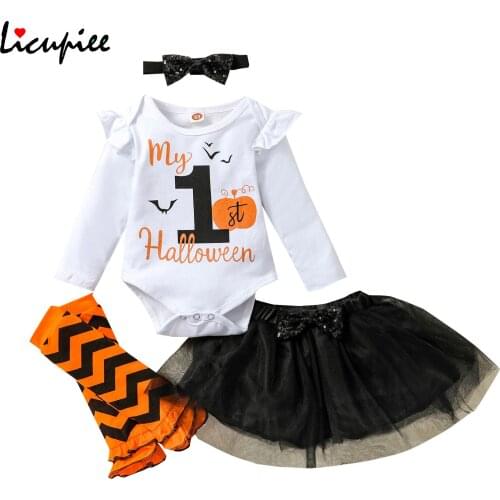 0-18 Months 4pcs Toddler Halloween Outfits, Letters Long Sleeves Romper + Tutu Skirt + Leg Warmer + Headband for Baby Girls