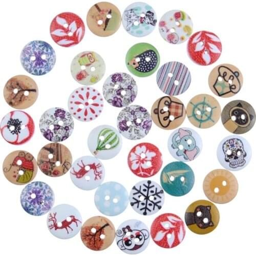 Free Shipping Retail 50Pcs Random Mixed 2 Holes Round Pattern Wood Sewing Baby Buttons Scrapbooking 15mm