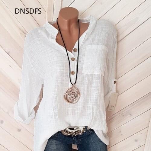 New Women Blouses 2020 Spring Shirts Casual Long Sleeve Button Top Solid Loose Shirt Tops Cotton Linen Lady Blouse Plus Size 5XL