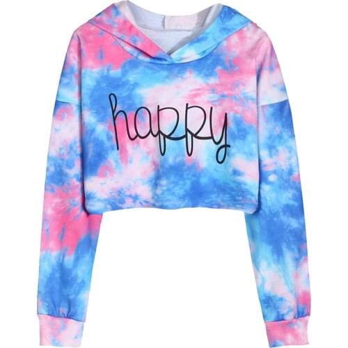 Tie-dye Gradient Kids Hoodies Litter Girls Happy Letter Printing Anime Sweatshirts Harajuku Long Sleeve Crop Top Pullover Blouse