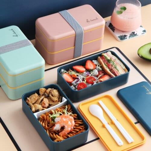 Japanese-Style Double Layer Lunch Box With Tableware Portable Plastic Bento Box Food Fresh-Keeping Sealed Container Organizer