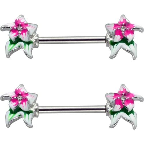 JHJT 2PCS 14G(1.6mm) 316L Stainless Steel Nipple Piercing Barbell Flower Nipple Shield Rings Body Piercing Jewelry