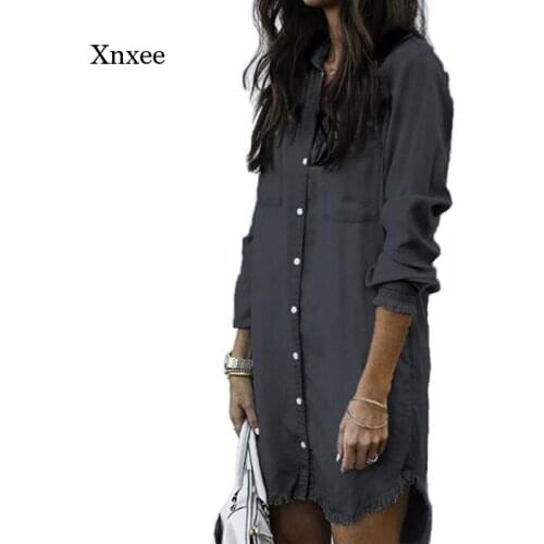 Summer Ladies Denim Shirt Dress Retro Blue Denim Shirt Casual Long Sleeve Top Mini Dress Short Dress