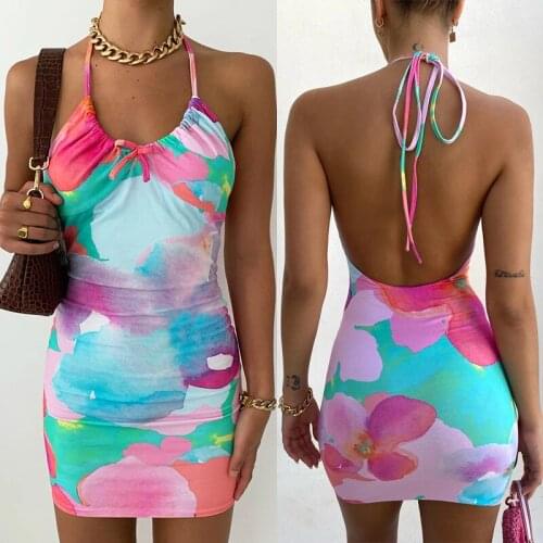 Tie Dye Printed Mini Bodycon Dress Festival Outfits Party Club For Women Backless Halter Sexy Summer Dress 2021
