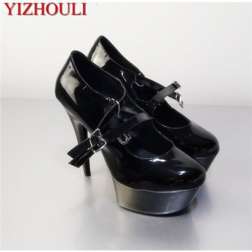 Fashionable Sexy Black PU Patent Leather Platforms Women 15cm High Heel Shoes, Stiletto, Sexy Party Heels