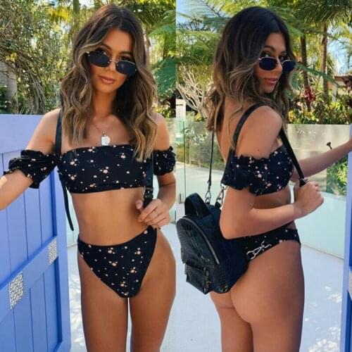 Fashion Women Two Piece Swimsuit Bikini Off Shoulder Swimwear Sexy Ladies Ruffled High Waist Bottoms Beach Swimwear Seaside Suit