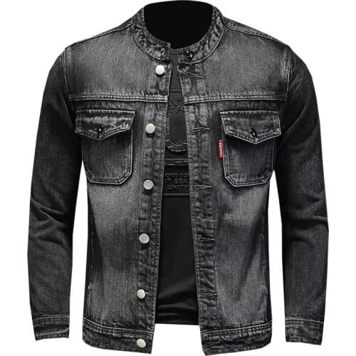 2021 Autumn Denim Jacket Men Black Cotton Stand Collar Long Sleeve Slim Clothes Motorcycle Bomber Cowboy Jeans Coat Male Brand
