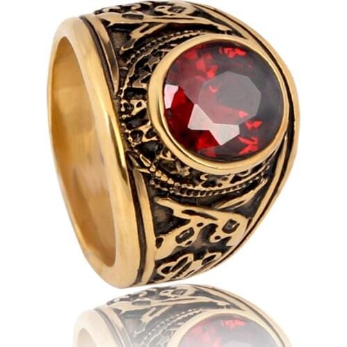 Valily Jewelry Gold Ring men with Red CZ Stone United States Army Military Rings,Stainless steel vintage Ring with gun for men