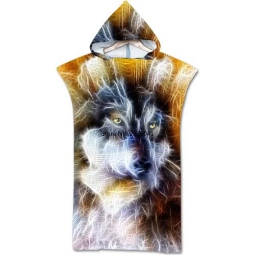 New Printed wolf Microfiber Fabric Hooded Bath Towels Multifuction Beach Towel Changing Bathrobe beach cover ups