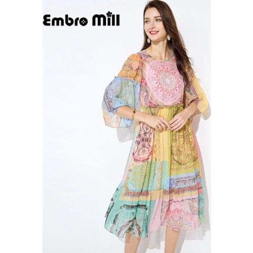 The New Seaside Holiday Silk Female Clothing O-Neck Bohemian Print High Waist Three Quarter Sleeve Loose Beach Dress S-XL