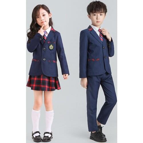 Autumn Spring Childrem School Uniforms Clothing Set Boys Girls Blazer Pants Shirts Tie Outfit Kids Formal Party Costume