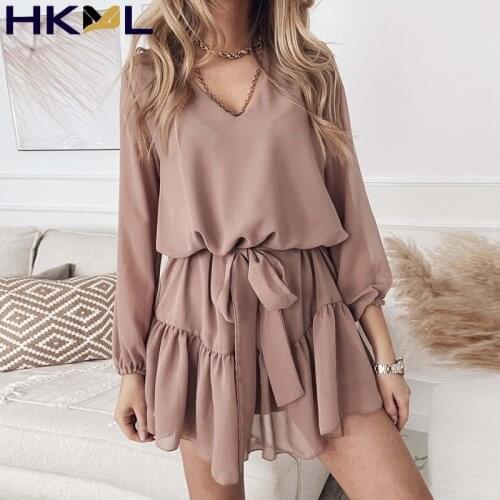 Autumn V Neck Ruffle Chiffon Dress Women Casual Long Sleeve A Line Dress Sashes Female 2021 Short Loose Blue Office Dresses