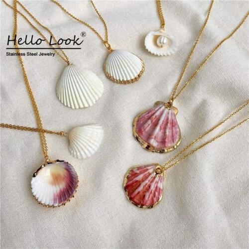 Hellolook Natural Shell Pendant Necklace 18k Gold Plated Stainless Steel Clavicle Chain Necklace Choker Women Jewelry