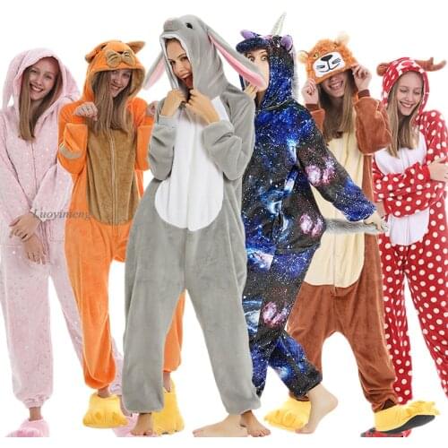 Kigurumi Unicorn Pajama Adult Animal Pajamas Onesies for Women Men Winter Pyjamas Suit Stitch Sleepwear Jumpsuit Flannel Pijamas