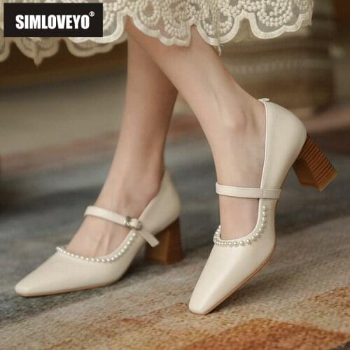SIMLOVEYO Women New 2021 Pumps Square Toe 6.5cm Wood Heels Genuine Leather Buckle Pearl Elegent Classic Big Size 43 Casual A3662
