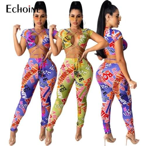 Echoine Women Sleeveless Letter Colorful Print Bandage Sport Set Tracksuit Sexy Suit Two Piece Set Sport Running Lady Sets